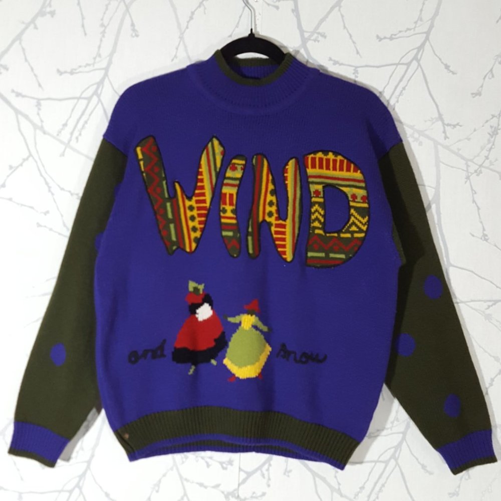 The Cotton Collection VTG Wool Blend Applique Knit Wind & Snow Mockneck Sweater